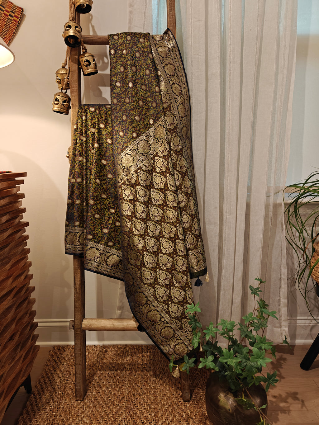 Brown Green Katan Silk Jamdani
