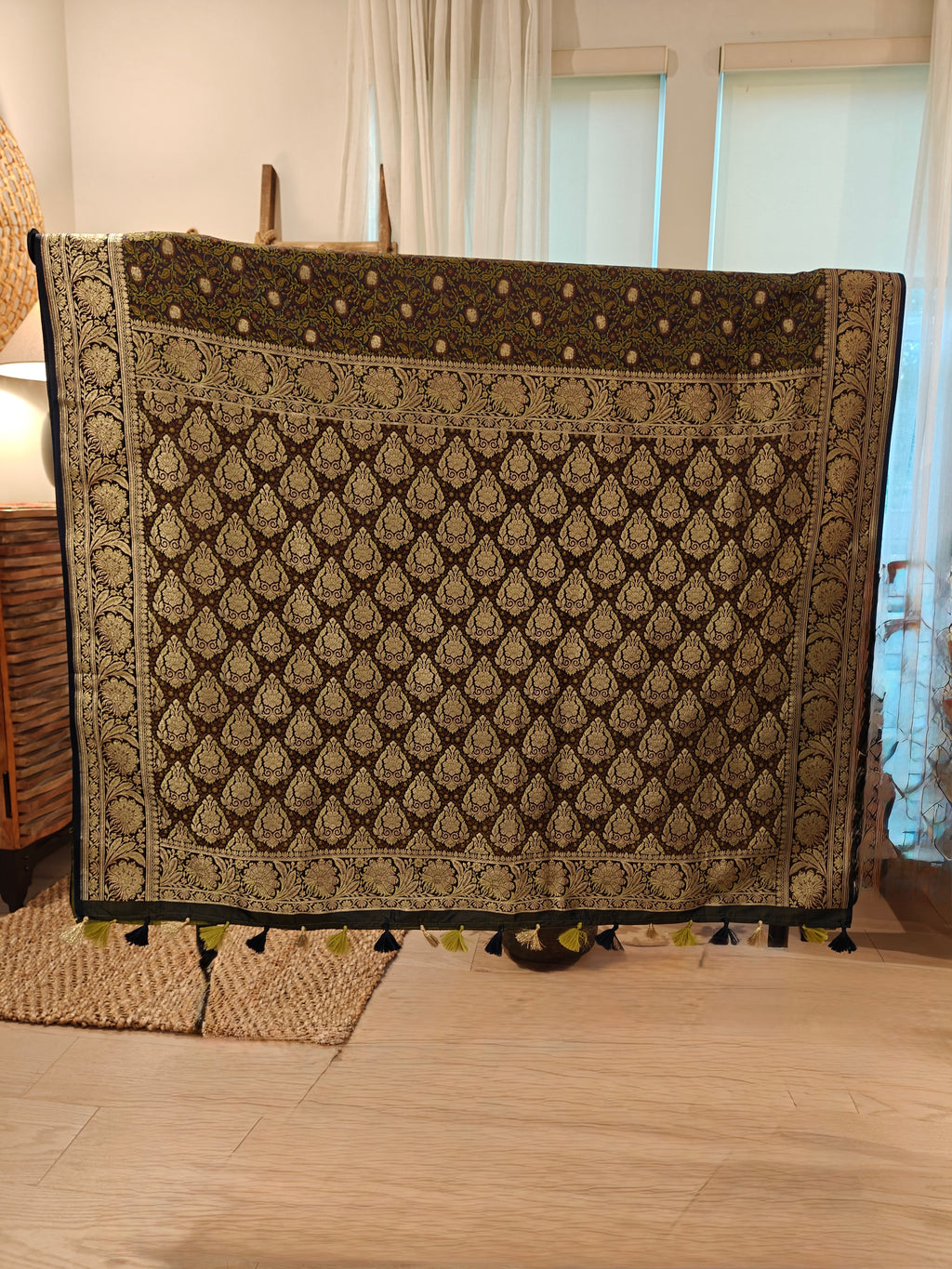 Brown Green Katan Silk Jamdani