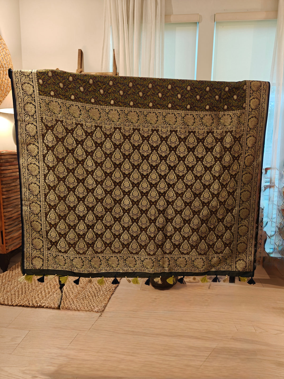 Brown Green Katan Silk Jamdani