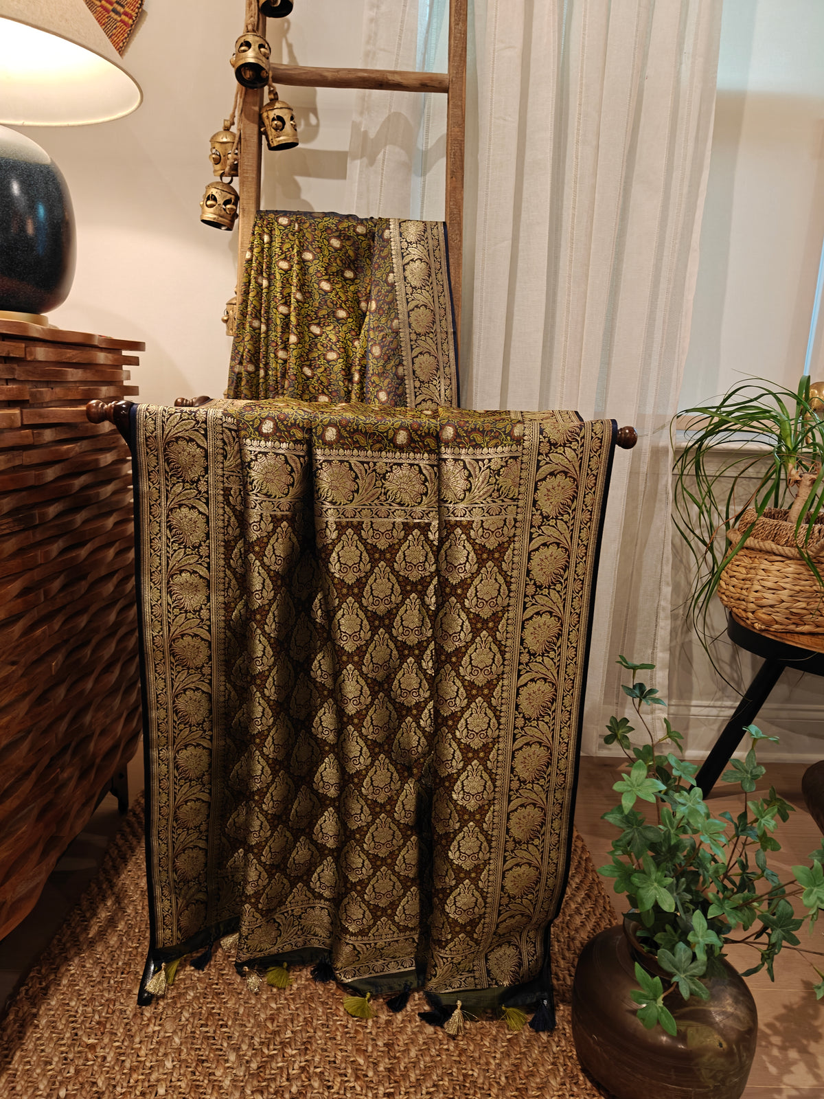 Brown Green Katan Silk Jamdani