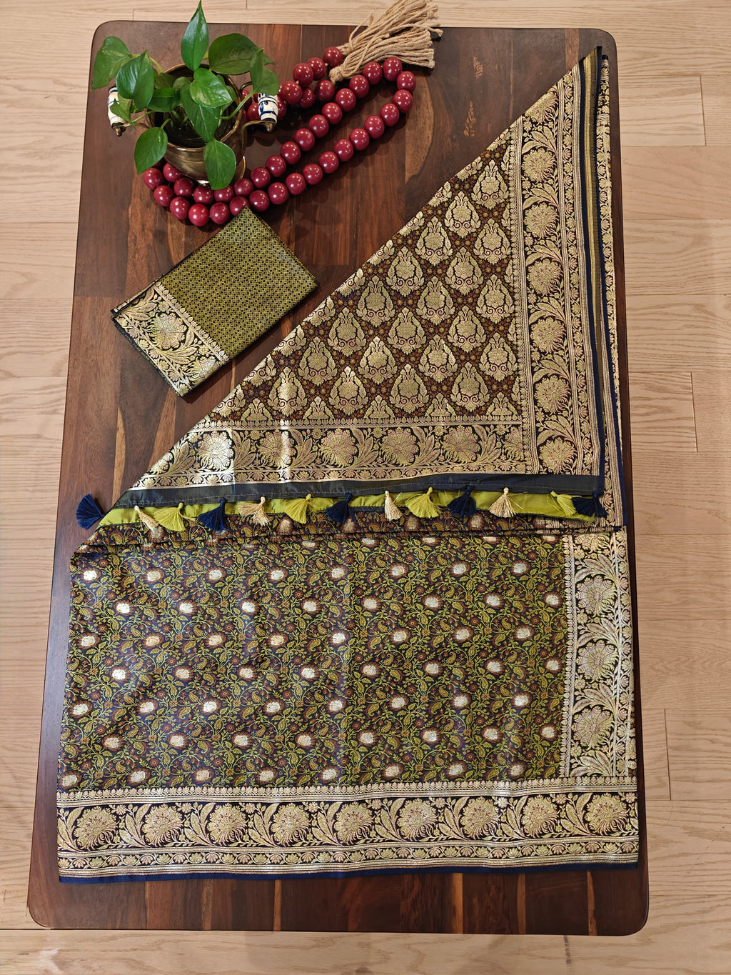 Brown Green Katan Silk Jamdani