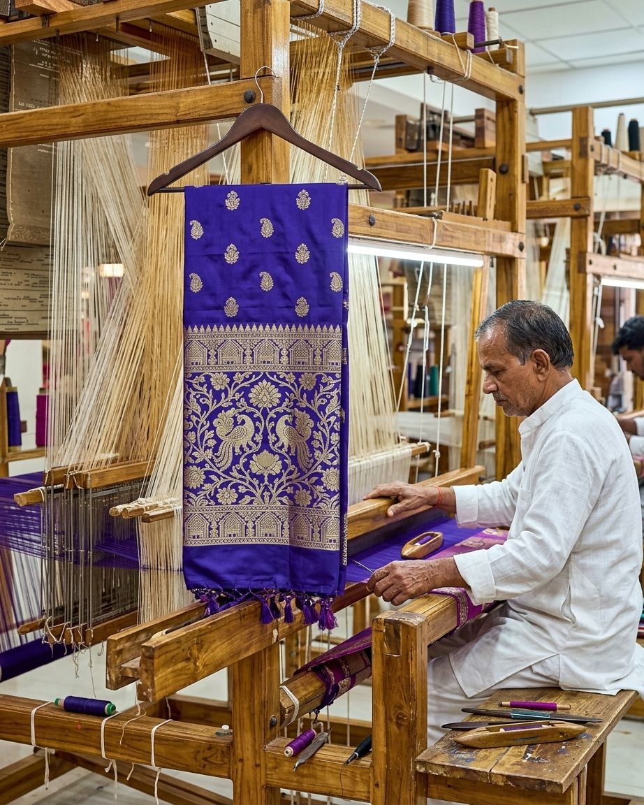A weaver seated at a wooden handloom, with a finished indigo Banarasi saree in gold peacock and paisley motifs hanging beside him